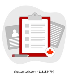 Canada passport on declaration card document immigration form. Red maple leaf. Clip-on folder, document with text, pencil and photo ID card or passport. Applying for citizenship or government document
