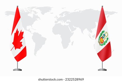 Canada and Peru flags for official meeting against background of world map.