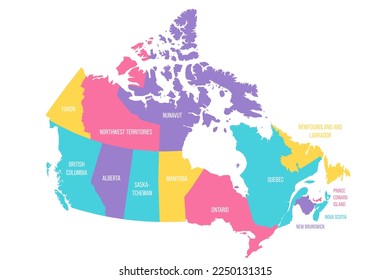 Canada political map of administrative divisions - provinces and territories. Colorful vector map with labels.