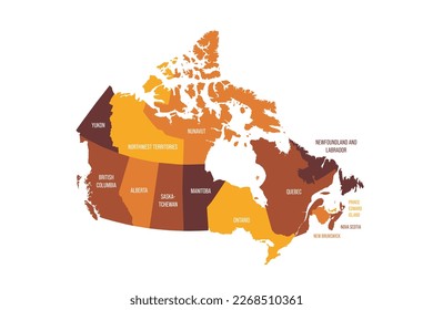 Canada political map of administrative divisions - provinces and territories. Flat vector map with name labels. Brown - orange color scheme.