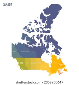 Canada political map of administrative divisions - provinces and territories. Colorful spectrum political map with labels and country name.