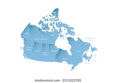 Canada political map of administrative divisions - provinces and territories. Shaded vector map with 3D-like blue gradient and name labels