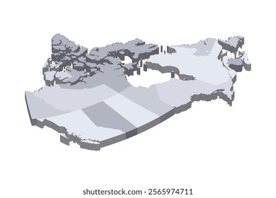 Canada political map of administrative divisions - provinces and territories. 3D isometric blank vector map in shades of grey.