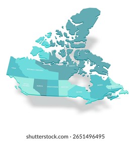 Canada political map of administrative divisions - provinces and territories. 3D turquoise vector map with name labels.