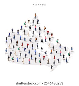 Mapa de la población de Canadá. Grande grupo realista de una multitud diversa de figuras de personas en forma de mapa canadiense. Ilustración vectorial plana aislada en blanco.