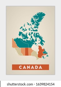 Canada poster. Map of the country with colorful regions. Shape of Canada with country name. Cool vector illustration.