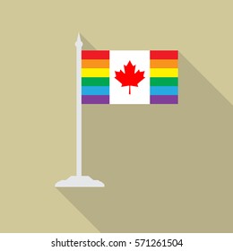 Canada pride LGBT flag with flagpole flat icon with long shadow. Vector illustration EPS10 of a rainbow pride.