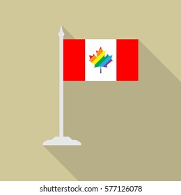 Canada pride LGBT flag with flagpole flat icon with long shadow. Vector illustration EPS10 of a rainbow pride.