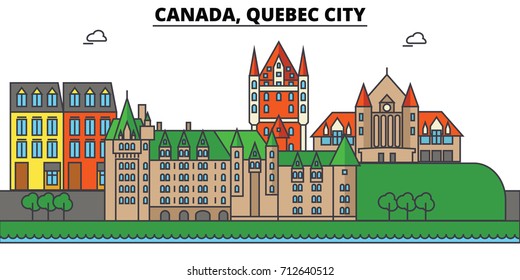 Canada, Quebec City. City skyline: architecture, buildings, streets, silhouette, landscape, panorama, landmarks. Editable strokes. Flat design line vector illustration concept. Isolated icons set