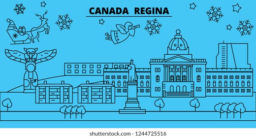 Canada, Regina winter holidays skyline. Merry Christmas, Happy New Year decorated banner with Santa Claus.Canada, Regina linear christmas city vector flat illustration