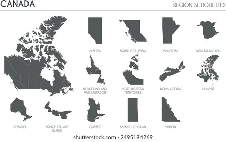 Canada region silhouettes set and blank map of the country isolated on white background. Vector illustration design