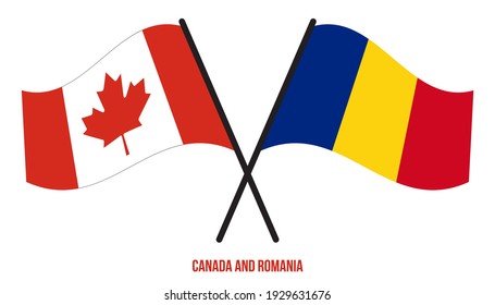 Banderas de Canadá y Rumania Cruzadas y ondeando estilo plano. Proporción oficial. Colores correctos.