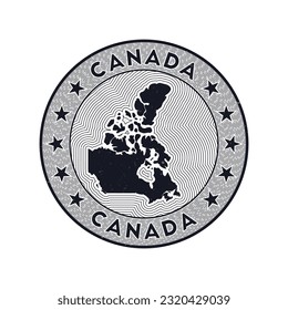 Canada round badge vector. Country round stamp with shape of Canada, isolines and circular country name. Awesome emblem. Radiant vector illustration.