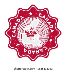 Canada round grunge stamp with country map and country flag. Vintage badge with circular text and stars, vector illustration.