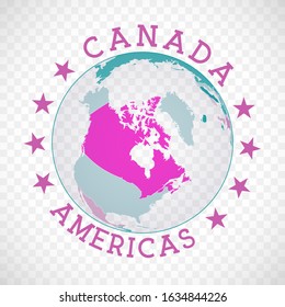 Canada Round Logo. Badge Of Country With Map Of Canada In World Context. Country Sticker Stamp With Globe Map And Round Text. Artistic Vector Illustration.