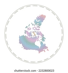 Canada round logo. Digital style shape of Canada in dotted circle with country name. Tech icon of the country with gradiented dots. Cool vector illustration.