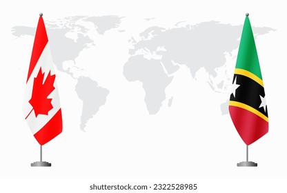 Canadá y Saint Kitts y Nevis banderas para una reunión oficial en el fondo del mapa mundial.