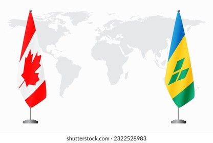 Canada and Saint Vincent and the Grenadines flags for official meeting against background of world map.