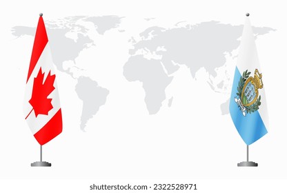 Canada and San Marino flags for official meeting against background of world map.