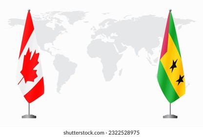 Canada and Sao Tome and Principe flags for official meeting against background of world map.