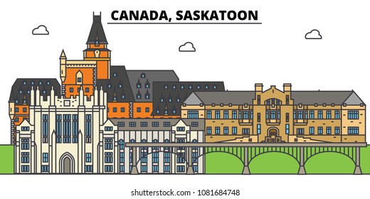 Canada, Saskatoon. City skyline, architecture, buildings, streets, silhouette, landscape, panorama, landmarks. Editable strokes. Flat design line vector illustration concept. Isolated icons