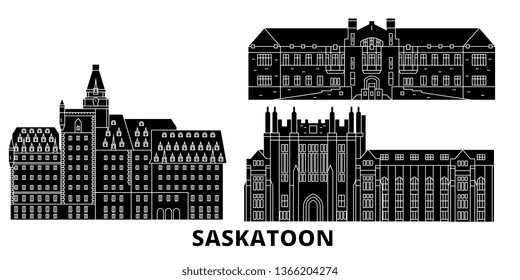 Canada, Saskatoon flat travel skyline set. Canada, Saskatoon black city vector illustration, symbol, travel sights, landmarks.