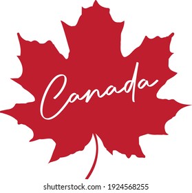 canada in script on red maple leaf logo