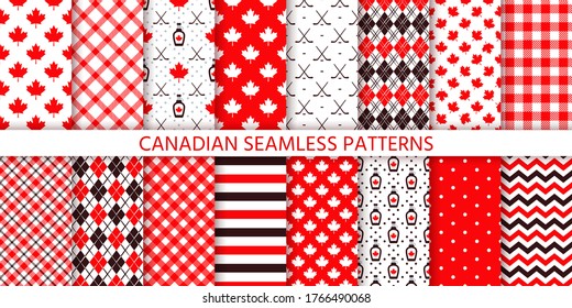 Canada seamless pattern. Vector. Backgrounds with maple leaf, hockey sticks, syrup, polka dot, rhombus and checkered. Happy Canada day texture. Set Canadian prints. Red brown illustration. 