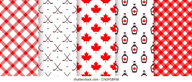 Canada seamless pattern. Vector. Happy Canada day textures. Backgrounds with maple leaf, hockey sticks, syrup and checkered. Set of Canadian prints. Red brown illustration. Holiday wrapping paper.