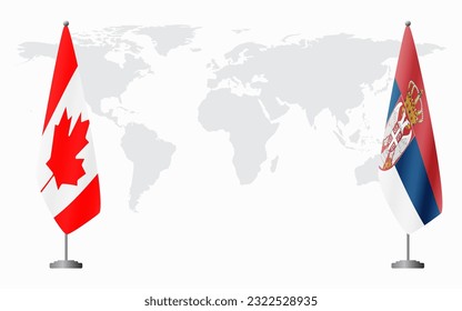 Canada and Serbia flags for official meeting against background of world map.