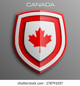 Canada set shiny buttons and shields of flag with frame - vector illustration. Isolated abstract object against gray background.