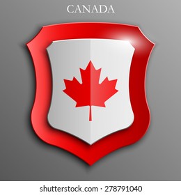 Canada set shiny buttons and shields of flag with frame - vector illustration. Isolated abstract object against gray background.