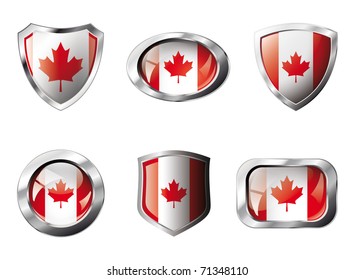 Canada set shiny buttons and shields of flag with metal frame - vector illustration. Isolated abstract object against white background.