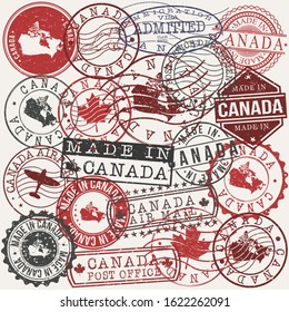 Canada Set Of Stamps Map. Travel Passport Stamp. Made In Product. Design Seals Old Style Insignia. Icon Clip Art Vector.