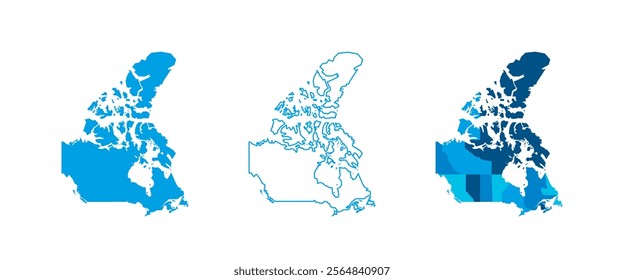 Canada set of three maps - solid map, outline map and map highlighting administrative divisions. Three distinct maps illustrate various representations of a geographical area.