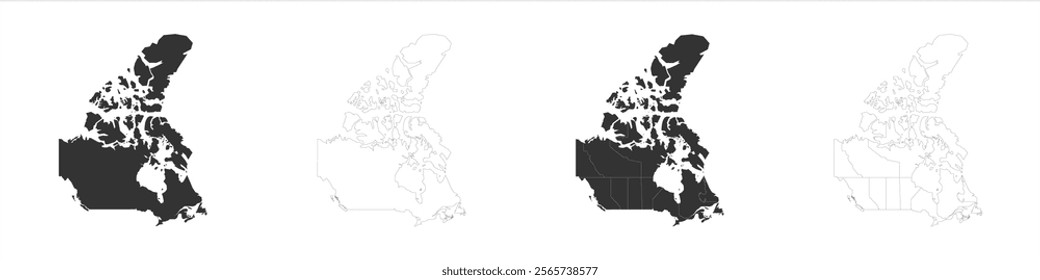 Canada set of three maps - solid map, outline map and map highlighting administrative divisions. Three distinct maps illustrate various representations of a geographical area.