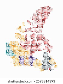 Canada, shape of the country built of colored cells. Digital style map of Canada on white background. Small size square blocks. Amazing vector illustration.