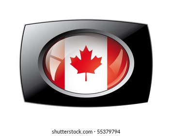 Canada shiny button flag with black frame -  vector illustration. Isolated abstract object against white background.
