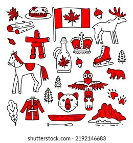 Firma y símbolo de Canadá, conjunto de iconos planos de elementos Info-gráficos. Símbolos de viaje vectorial de Canadá. Turismo. ... Bandera, hojas de arce y animales. Arte de línea 