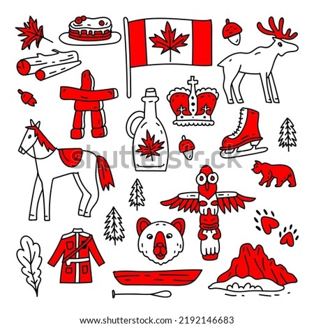 Canada sign and symbol, Info-graphic elements flat icons set. Canada vector travel symbols set. Tourism. . Flag, maple leaves and animals. Line art 