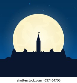 Canada silhouette of attraction. Travel banner with moon on the night background. Trip to country. Travelling illustration