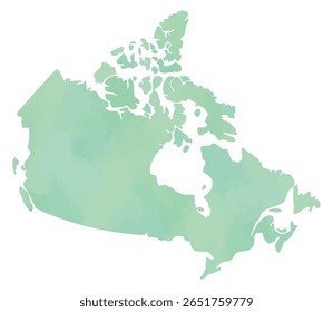 Mapa de silhueta do Canadá em textura de aquarela verde suave com ilhas e territórios do norte em fundo branco

