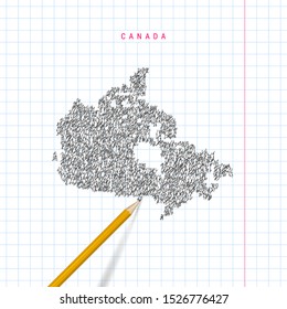 Canada sketch scribble map drawn on checkered school notebook paper background. Hand drawn vector map of Canada. Realistic 3D pencil.