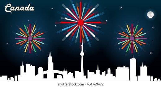 Canada skyline silhouette vector design, dark night sky with fireworks