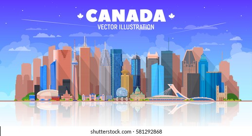 Canada skyline. Vector illustration. Collage from Canadian cities panorama skyline in white background. Business travel and tourism concept with modern buildings. Image for banner or web site.