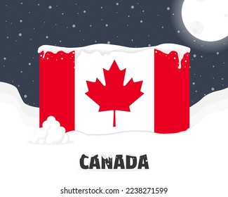 Canada snowy weather concept, cold weather and snowfall, Canada weather forecast winter banner idea, snow cap on flag with snowballs and moon, blizzard and adverse weather conditions