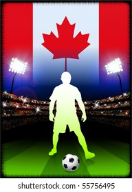 Canada Soccer Player on Stadium Background with Flag Original Illustration