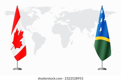 Canada and Solomon Islands flags for official meeting against background of world map.