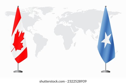 Canada and Somalia flags for official meeting against background of world map.