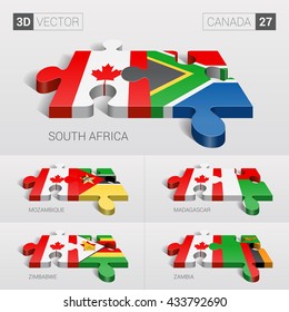 Canada and South Africa, Mozambique, Madagascar, Zimbabwe, Zambia Flag. 3d vector puzzle. Set 27.